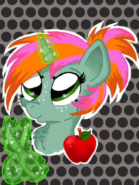 Size: 600x800 | Tagged: safe, artist:ilikepudding24, derpibooru import, oc, unofficial characters only, pony, unicorn, apple, filly, freckles, magic, offspring, parent:babs seed, parent:snips, parents:bips, scissors, solo