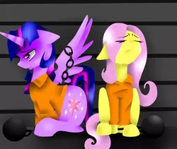 Size: 972x822 | Tagged: safe, artist:chiara-dash, derpibooru import, fluttershy, twilight sparkle, twilight sparkle (alicorn), alicorn, pegasus, pony, ball and chain, clothes, crying, eyes closed, female, frown, jail, lesbian, looking down, mare, prison, prison outfit, prisoner ts, sad, shipping, sitting, spread wings, twishy, wings