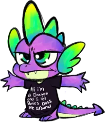 Size: 603x698 | Tagged: artist:spooksy, clothes, derpibooru import, graphic tee, safe, shirt, solo, spike, text, unamused