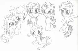 Size: 2298x1505 | Tagged: safe, artist:partner345, derpibooru import, applejack, fluttershy, pinkie pie, rainbow dash, rarity, twilight sparkle, the cutie mark chronicles, filly, mane six, monochrome