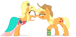 Size: 6251x3049 | Tagged: suggestive, artist:zutheskunk, derpibooru import, applejack, queen chrysalis, changeling, .svg available, absurd resolution, applejewel, bedroom eyes, eye contact, grin, licking lips, peanut butter, rapeface, simple background, smiling, tongue out, transparent background, vector, wide eyes