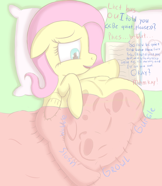 Size: 2000x2300 | Tagged: apple bloom, artist:augustbebel, cutie mark crusaders, derpibooru import, dialogue, endosoma, engrish, fetish, flutterpred, fluttershy, pillow, questionable, scootaloo, stomach noise, sweetie belle, tight bulge, vore