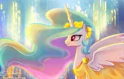 Size: 1359x868 | Tagged: safe, artist:cherryviolets, derpibooru import, princess celestia, alicorn, pony, clothes, dress, female, headdress, image, jewelry, mare, png, smiling, solo, sparkles, spread wings, toga