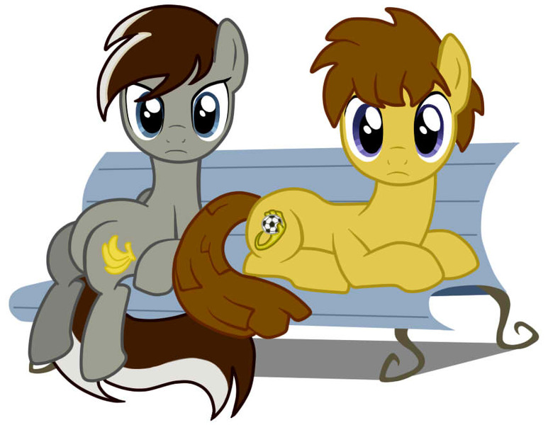 Size: 850x660 | Tagged: safe, artist:dal, derpibooru import, ponified, earth pony, pony, banana, bench, cutie mark, fudou akio, inazuma eleven, sitting, tachimukai yuuki