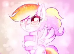 Size: 1411x1043 | Tagged: safe, artist:toroitimu, derpibooru import, rainbow dash, pegasus, pony, abstract background, adorkable, bipedal, book, cute, dashabetes, dork, ear fluff, egghead, female, glasses, hoof hold, looking at you, mare, nerd, nerd pony, rainbow dork, smiling, solo, spread wings