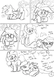 Size: 1411x2006 | Tagged: artist:kyokimute, comic, comic:after the pie eating contest, fart, monochrome, pinkie pie, rainbow dash, safe