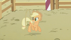 Size: 853x480 | Tagged: safe, derpibooru import, screencap, applejack, earth pony, pony, fall weather friends, animated, blinking, corral, cute, eyes closed, female, fence, grin, hay, hopping, jackabetes, jumping, lasso, looking back, loop, mare, mouth hold, raised hoof, raised leg, smiling, solo