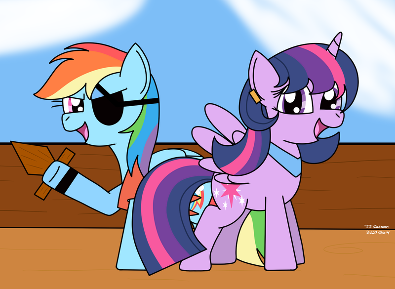 Size: 1400x1024 | Tagged: safe, artist:toonboy92484, derpibooru import, rainbow dash, twilight sparkle, twilight sparkle (alicorn), alicorn, pony, alternate hairstyle, bookworm, female, lesbian, mare, pirate dash, shipping, twidash, wooden sword