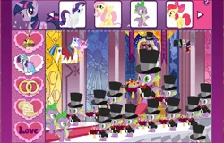 Size: 870x556 | Tagged: apple bloom, bowtie, camera, cardboard twilight, clothes, cushion, derpibooru import, dress, fluttershy, game, hat, hubworld, letter, multeity, official, pie, pointy ponies, princess cadance, rarity, royal wedding, safe, screencap, shining armor, spike, stained glass, stock vector, suit, throne, throne room, twilight sparkle, wedding, wedding ring