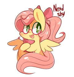 Size: 920x960 | Tagged: safe, artist:lifeloser, derpibooru import, fluttershy, pegasus, pony, adorkable, alternate hairstyle, book, bow, chibi, cute, dork, female, glasses, mare, nerd pony, open mouth, ponytail, shyabetes, simple background, solo, white background