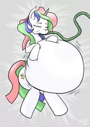 Size: 2893x4092 | Tagged: safe, artist:pixelstarpony, derpibooru import, oc, oc:pixelstar, unofficial characters only, pony, unicorn, belly inflation, hose, inflation, solo, water, water inflation