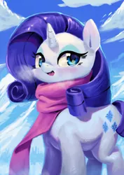 Size: 2480x3508 | Tagged: safe, artist:aruurara, derpibooru import, rarity, pony, unicorn, clothes, cloud, cute, female, looking at you, mare, raribetes, scarf, solo