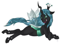 Size: 1513x1103 | Tagged: source needed, useless source url, suggestive, artist:silver1kunai, derpibooru import, queen chrysalis, female, kitchen eyes, licking lips, looking back, prone, simple background, solo, solo female