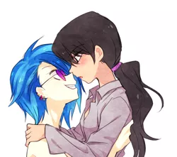 Size: 648x573 | Tagged: safe, artist:megarexetera, derpibooru import, octavia melody, vinyl scratch, human, clothes, ear piercing, earring, eye contact, female, grin, hairband, humanized, imminent kissing, jewelry, lesbian, looking at each other, nudity, piercing, scratchtavia, shipping, shirt, simple background, smiling, sunglasses, white background