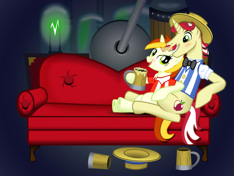 Size: 4320x3240 | Tagged: safe, artist:cheezedoodle96, derpibooru import, flam, peachy pitt, pony, the super speedy cider squeezy 6000, bedroom eyes, blushing, cider, couch, cuddling, date, female, grin, male, mug, shipping, sitting, smiling, snuggling, straight, super speedy cider squeezy 6000, tankard, vector, wip