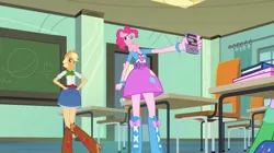 Size: 1180x663 | Tagged: safe, derpibooru import, edit, edited screencap, screencap, applejack, pinkie pie, centaur, mantis pony, reverse centaur, equestria girls, equestria girls (movie), balloon, book, boots, bracelet, centaur pie, centaurjack, classroom, clothes, computer, high heel boots, iphone, jewelry, laptop computer, mobile phone, skirt, wat