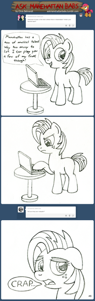 Size: 1024x3219 | Tagged: artist:wildtiel, ask, ask manehattan babs, babs seed, computer, derpibooru import, laptop computer, monochrome, safe, solo, tumblr