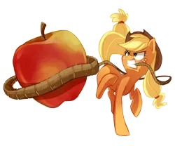 Size: 1208x1007 | Tagged: apple, applejack, artist:pepooni, derpibooru import, giant apple, lasso, mouth hold, safe, simple background, solo