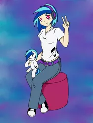 Size: 768x1024 | Tagged: artist:o0vinylscratch0o, converse, derpibooru import, headphones, human, humanized, human ponidox, peace out, plushie, safe, shoes, solo, vinyl scratch