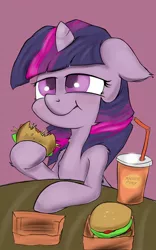 Size: 800x1280 | Tagged: safe, artist:macheteponies, derpibooru import, twilight sparkle, twilight sparkle (alicorn), alicorn, pony, twilight time, atryl-ish, drink, eating, fast food, female, food, hay burger, mare, solo, style emulation, table, that pony sure does love burgers, twilight burgkle