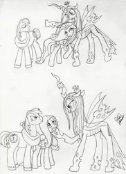 Size: 2434x3352 | Tagged: safe, artist:marindashy, derpibooru import, big macintosh, fluttershy, queen chrysalis, earth pony, pony, fluttermac, male, monochrome, shipping, sketch, stallion, straight