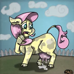 Size: 666x666 | Tagged: artist:justanotherdrawfag, cloven hooves, cow, cowified, derpibooru import, fence, floppy ears, fluttercow, fluttermilk, fluttershy, frown, lactation, leaking, milk, open mouth, puddle, raised eyebrow, safe, smiling, solo, source needed, species swap, udder, useless source url