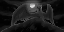 Size: 1000x500 | Tagged: safe, artist:carnelian, derpibooru import, oc, unofficial characters only, gryphon, black and white, dark, grayscale, male, moon, solo, stare