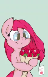 Size: 800x1280 | Tagged: artist:macheteponies, atryl-ish, bouquet, crush, cute, cuteamena, derpibooru import, diapinkes, flower, holiday, in love, pinkamena diane pie, pinkie pie, rose, safe, secret admirer, smiling, solo, style emulation, valentine's day