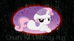 Size: 1920x1080 | Tagged: safe, artist:brovic43, artist:dalekstugaming, derpibooru import, sweetie belle, pony, robot, unicorn, bored, crush kill destroy swag, female, filly, foal, hooves, horn, lying down, prone, red eyes, solo, sweetie bot, text, vector, wallpaper