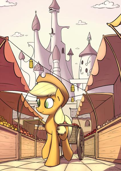 Size: 1413x2000 | Tagged: safe, artist:subjectnumber2394, derpibooru import, applejack, canterlot, cart, market, solo, working