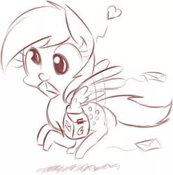 Size: 387x390 | Tagged: safe, artist:rice, derpibooru import, derpy hooves, pegasus, pony, cute, derpabetes, female, flying, heart, letter, mailbag, mare, monochrome, mouth hold, solo, spread wings