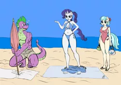 Size: 1200x845 | Tagged: safe, artist:pia-sama, derpibooru import, edit, coco pommel, rarity, spike, anthro, plantigrade anthro, abs, absolute cleavage, barefoot, beach, beach umbrella, belly button, bikini, breasts, busty coco pommel, busty rarity, cleavage, clothes, cocospike, colored, feet, female, flip-flops, handbag, male, muscles, older, older spike, one-piece swimsuit, partial nudity, purse, sandals, shipping, shorts, sparico, sparity, straight, swimsuit, topless, towel, umbrella, undressing