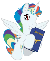 Size: 4905x5971 | Tagged: absurd resolution, alicorn, blackletter, book, derpibooru import, mein kampf, nazi, rainbow dash, rainbow hair, reichsadler, safe, simple background, smiling, solo, spread wings, swastika, transparent background, wings