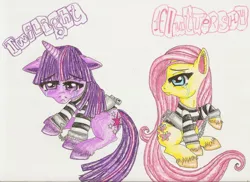 Size: 900x654 | Tagged: safe, artist:blackmidnightkat, derpibooru import, fluttershy, twilight sparkle, twilight sparkle (alicorn), alicorn, pony, clothes, crying, cuffs, female, lesbian, lock, mare, prison outfit, prison stripes, prisoner ts, shipping, twishy