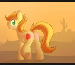 Size: 2300x2000 | Tagged: suggestive, artist:strawberry twinkie, derpibooru import, braeburn, earth pony, pony, apple, braebutt, frown, looking at you, looking back, looking back at you, male, plot, solo, solo male, stallion