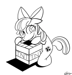 Size: 497x517 | Tagged: apple bloom, artist:bunnimation, creeper, derpibooru import, explosives, grin, incorrect leg anatomy, minecraft, monochrome, safe, solo, tnt