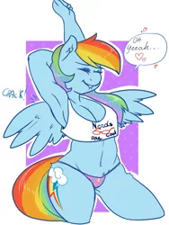 Size: 749x996 | Tagged: anthro, armpits, artist:arnachy, belly button, blushing, breasts, busty rainbow dash, clothes, curvy, cutie mark underwear, derpibooru import, dialogue, female, graphic tee, kneeling, lip bite, midriff, panties, rainbow dash, shirt, solo, solo female, stretching, suggestive, underwear, wide hips