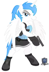 Size: 4340x6356 | Tagged: safe, artist:abydos91, derpibooru import, oc, unofficial characters only, alicorn, pony, absurd resolution, alicorn oc, bipedal, clothes, commission, female, gun, handgun, hooves, horn, m1911, mare, parody, pistol, resident evil, simple background, solo, spread wings, teeth, transparent background, valentine, weapon, wings