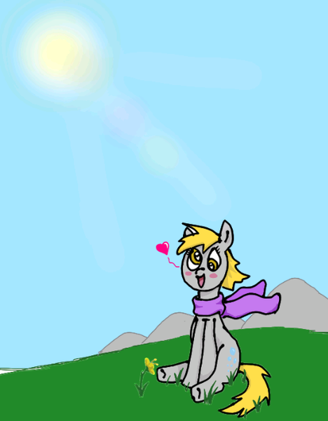 Size: 475x609 | Tagged: safe, artist:bronyponyguy, derpibooru import, derpy hooves, pegasus, pony, clothes, female, flower, grass, heart, mare, mountain, scarf, simple background, smiling, solo, sun, wind