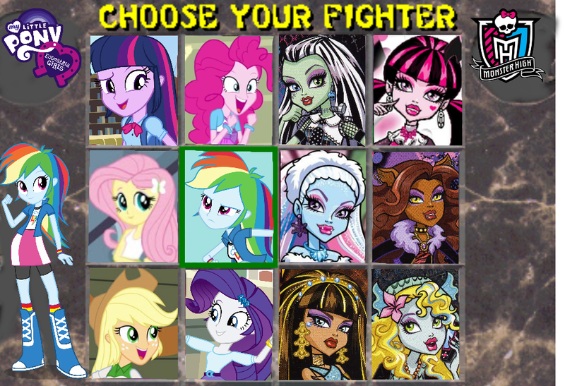 Size: 950x650 | Tagged: safe, artist:thunderfists1988, derpibooru import, applejack, fluttershy, pinkie pie, rainbow dash, rarity, twilight sparkle, equestria girls, abbey bominable, clawdeen wolf, cleo de nile, draculaura, frankie stein, lagoona blue, mane six, monster high, mortal kombat