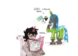 Size: 1902x1370 | Tagged: artist:makahin, bathrobe, bed mane, chrysombra, clothes, coffee, derpibooru import, female, glasses, king sombra, male, newspaper, queen chrysalis, reading, robe, safe, shipping, straight, yawn