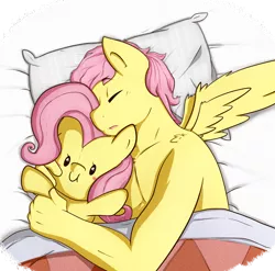 Size: 1580x1558 | Tagged: anthro, artist:nolycs, bare chest, bed, butterscotch, clothes, derpibooru import, female, flutterscotch, fluttershy, male, plushie, rule 63, safe, selfcest, self ponidox, shipping, sleeping, solo, straight, topless