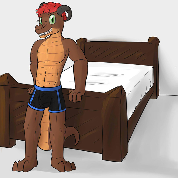 Size: 1280x1280 | Tagged: artist:fuzebox, bed, belly button, boxers, clothes, crotch bulge, derpibooru import, dragon, explicit source, male, oc, oc:magma, questionable, solo, solo male, teenaged dragon, topless, underwear, unofficial characters only