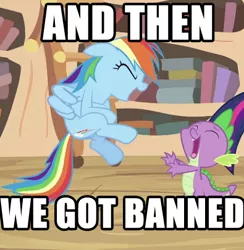 Size: 395x404 | Tagged: safe, derpibooru import, edit, edited screencap, screencap, rainbow dash, spike, twilight sparkle, unicorn, it's about time, banned, book, cropped, duo focus, golden oaks library, image macro, ladder, laughing, meme, offscreen character, unicorn twilight
