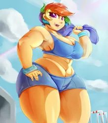 Size: 875x1000 | Tagged: armpits, artist:sirmasterdufel, belly button, breasts, busty rainbow dash, clothes, derpibooru import, female, human, humanized, muscles, rainbow dash, rainbowhips, rainbuff dash, safe, solo, sports bra, sports shorts, stout, strong fat, wide hips, workout outfit