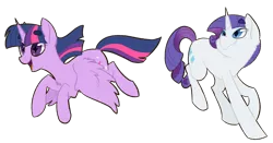 Size: 1280x671 | Tagged: safe, artist:flower-power-love, derpibooru import, rarity, twilight sparkle, twilight sparkle (alicorn), alicorn, pony, unicorn, beanbrows, cutie mark, duo, eyebrows, female, flying, horn, mare, simple background, smiling, wings