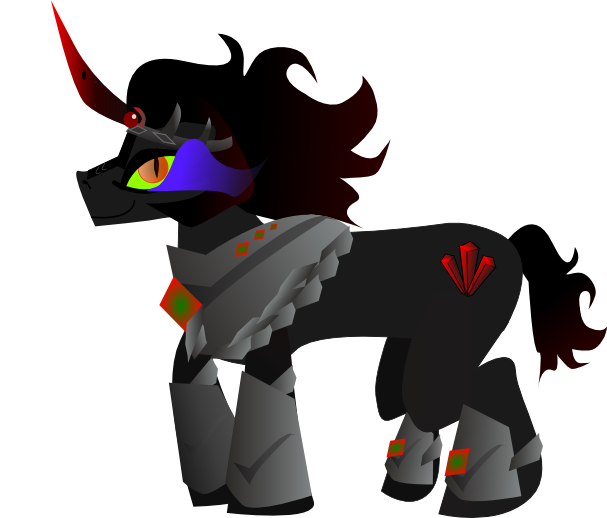 Size: 607x518 | Tagged: safe, artist:strangecanine, derpibooru import, king sombra, boots, clothes, colored horn, crown, curved horn, cutie mark, gorget, helmet, horn, image, jewelry, male, png, regalia, shoes, solo, sombra eyes, sombra horn, sombra's cutie mark