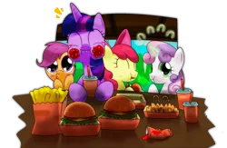 Size: 1700x1105 | Tagged: safe, artist:hoyeechun, derpibooru import, apple bloom, scootaloo, sweetie belle, twilight sparkle, twilight sparkle (alicorn), alicorn, pony, twilight time, cutie mark crusaders, duckface, eating, female, food, french fries, hay burger, mare, messy eating, pixiv, table, that pony sure does love burgers, twilight burgkle