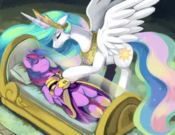 Size: 1150x887 | Tagged: safe, artist:ende26, derpibooru import, princess celestia, twilight sparkle, twilight sparkle (alicorn), alicorn, pony, fanfic:the assassination of twilight sparkle, casket, coffin, crying, dead, eyes closed, fanfic art, female, funeral, glass case, image, mare, mortal twilight, mortality blues, mourning, on back, png, sad, smiling, spread wings