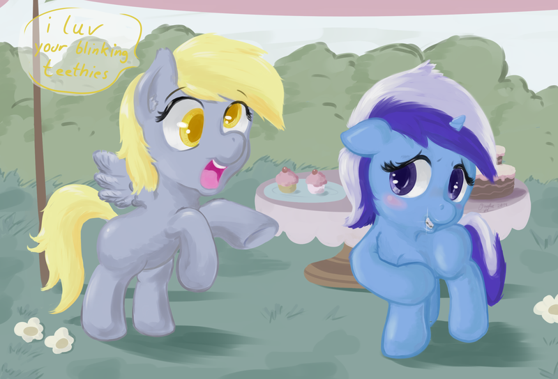 Size: 2500x1700 | Tagged: safe, artist:osakaoji, derpibooru import, derpy hooves, minuette, pegasus, pony, unicorn, blank flank, blushing, braces, bush, cake, colored pupils, cupcake, dialogue, duo, duo female, ear fluff, female, filly, floppy ears, flower, food, grass, open mouth, rearing, smiling, speech bubble, spread wings, table, underhoof, wings